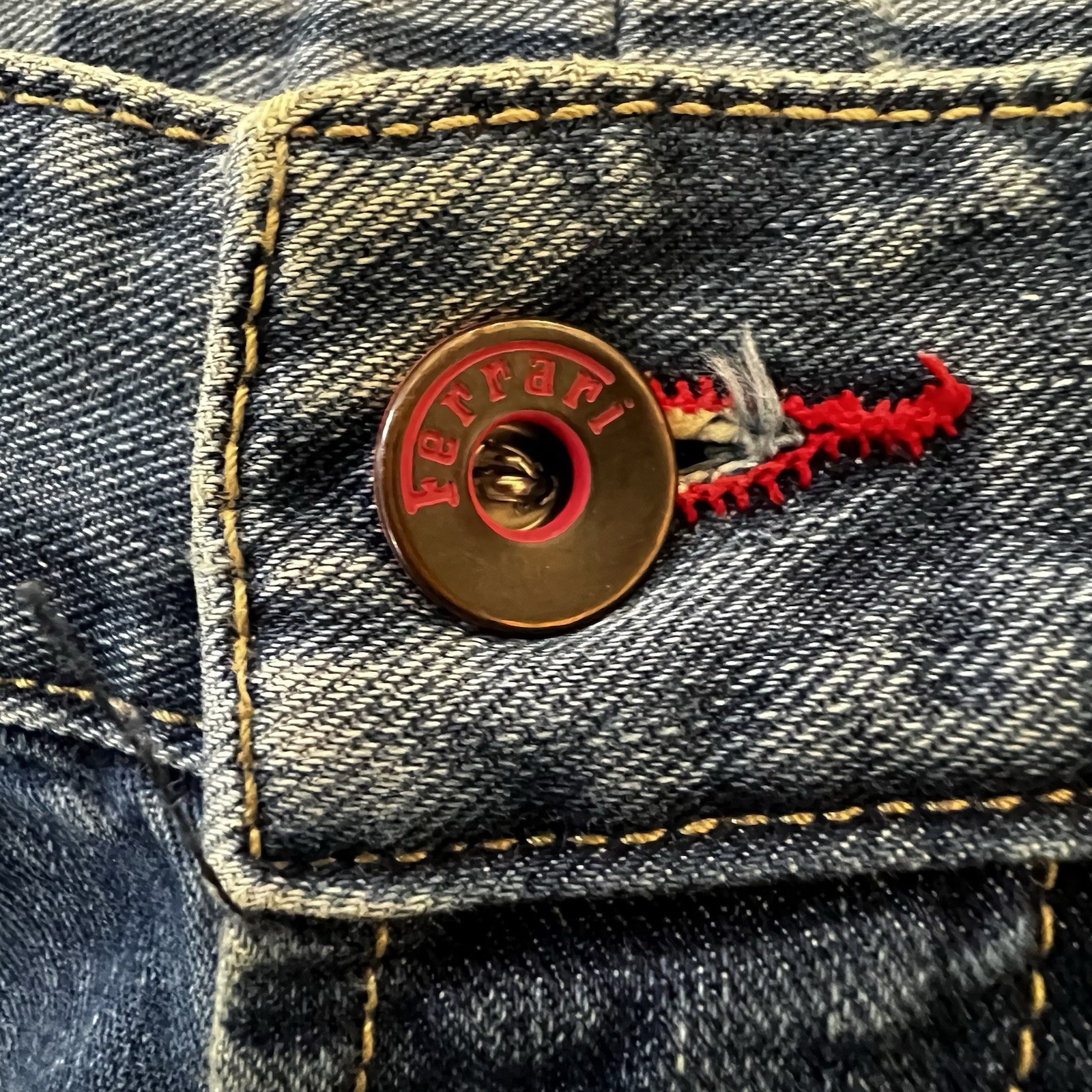 VTG Ferrari Button Fly Blue Denim Jeans Leather Logo Italian Men’s 33×30.5 IT 50
