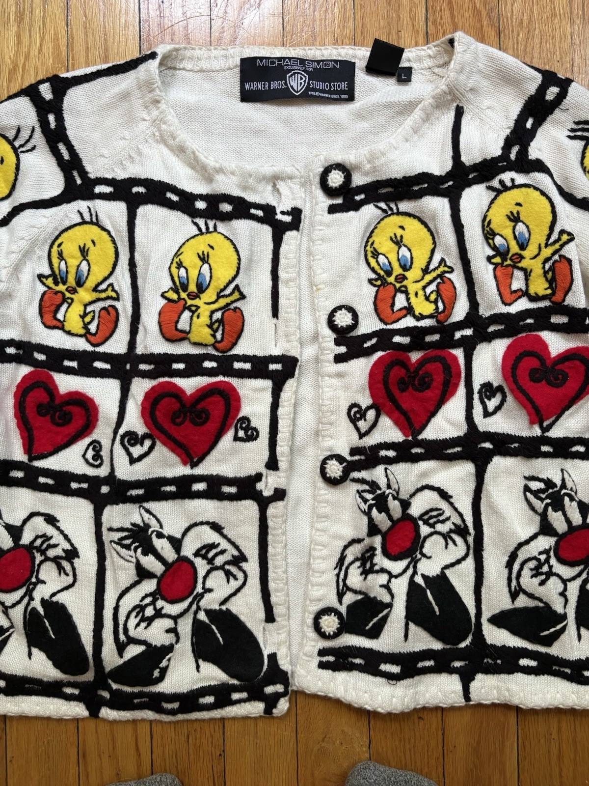 Vintage 1995 Tweety and Sylvester Looney Tunes Embroidered Cardigan