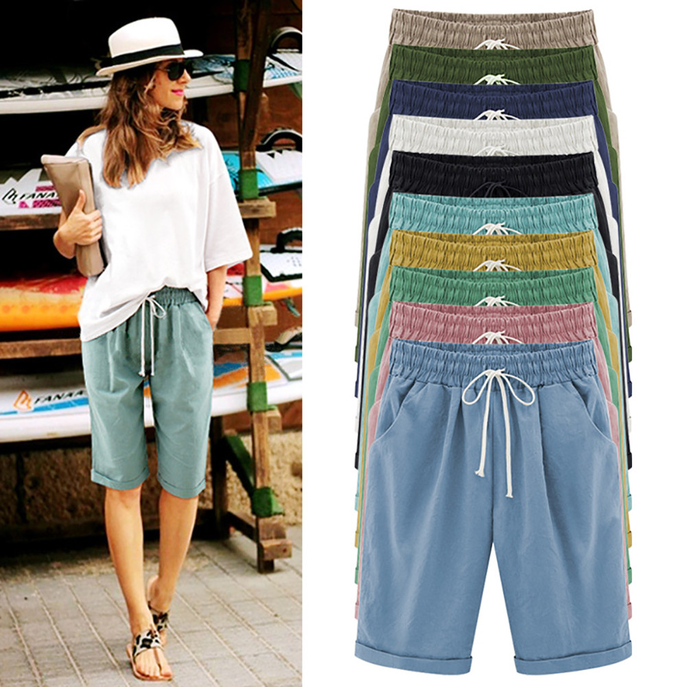 NEW Women Fashion Drawstring Elastic Waist Knee Length Curling Bermuda Shorts
