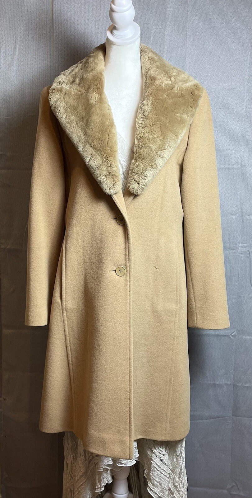 Harold’s Womens Shearling Lambswool Cashmere Button Overcoat Size 10 Caramel 60s