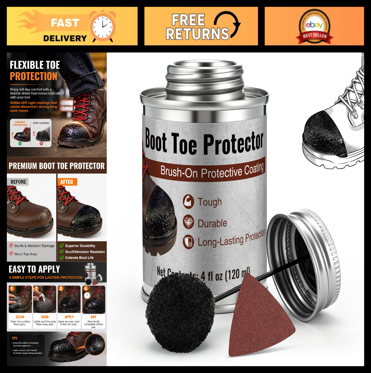 Boot Toe Protector – Brush-On Liquid Scuff Guard for Work & Hiking Boots, 4oz