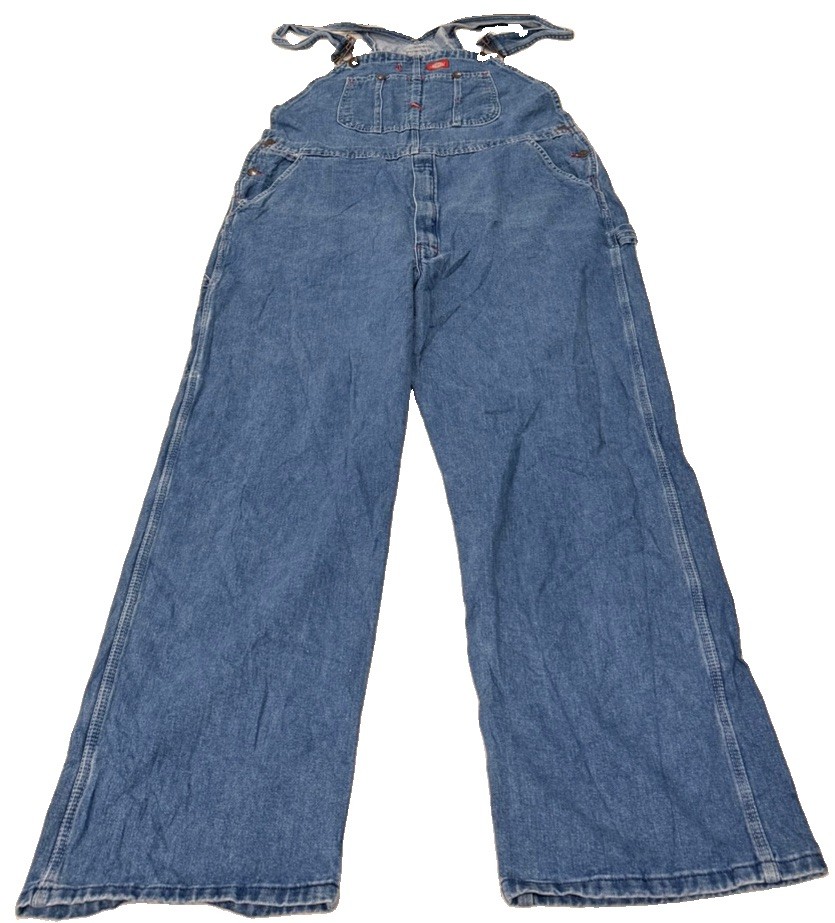 Dickies Blue Denim Cotton Overalls 38×32 (41×30.5) Construction Mechanic Worker