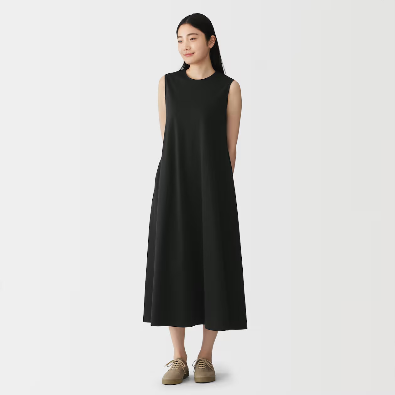 MUJI Womens 100% Organic Cotton Cool Touch Sleeveless Dress Black FedEx