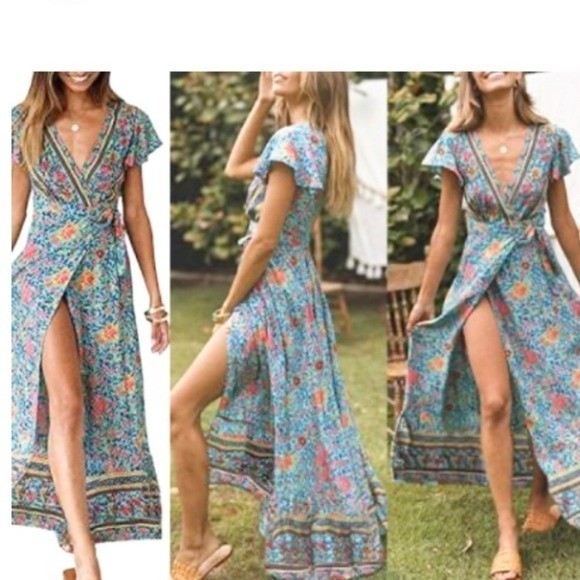 Pretty Garden Floral Wrap Maxi Dress, Womens M Blue Flutter Sleeves Romantic