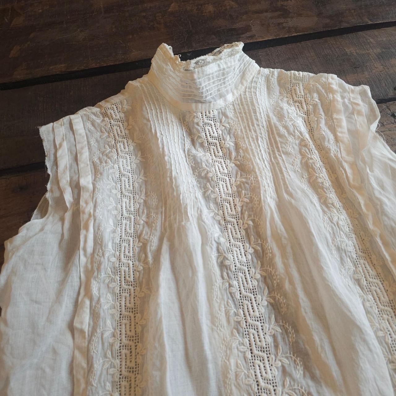 Antique Embroidered White Sleeveless Blouse Mock Neck As Is Top Shirt Edwardian