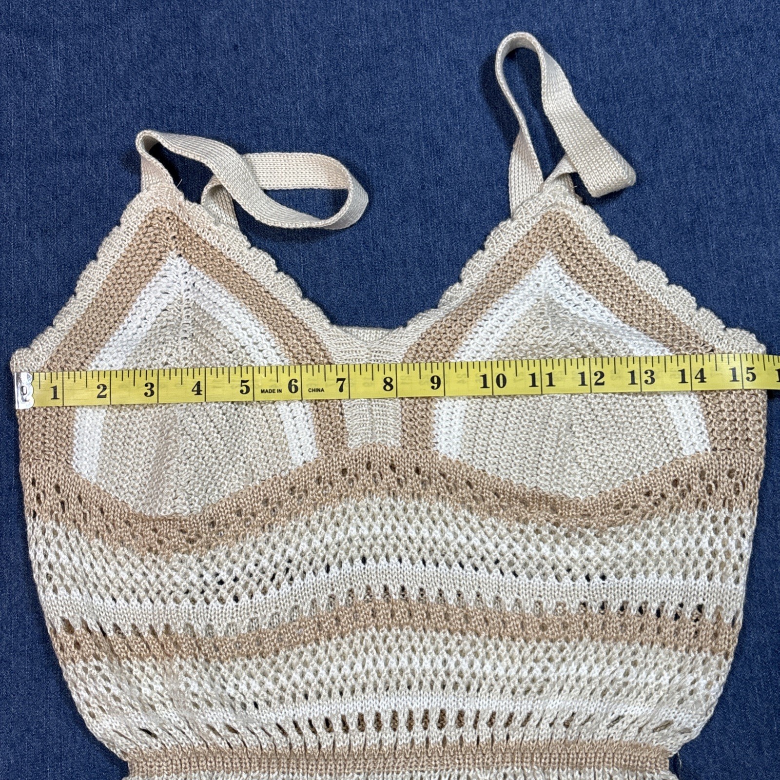 Madden NYC Crochet Knit Strappy Ruffle Elastic Hem Tank Top Womens Sz L