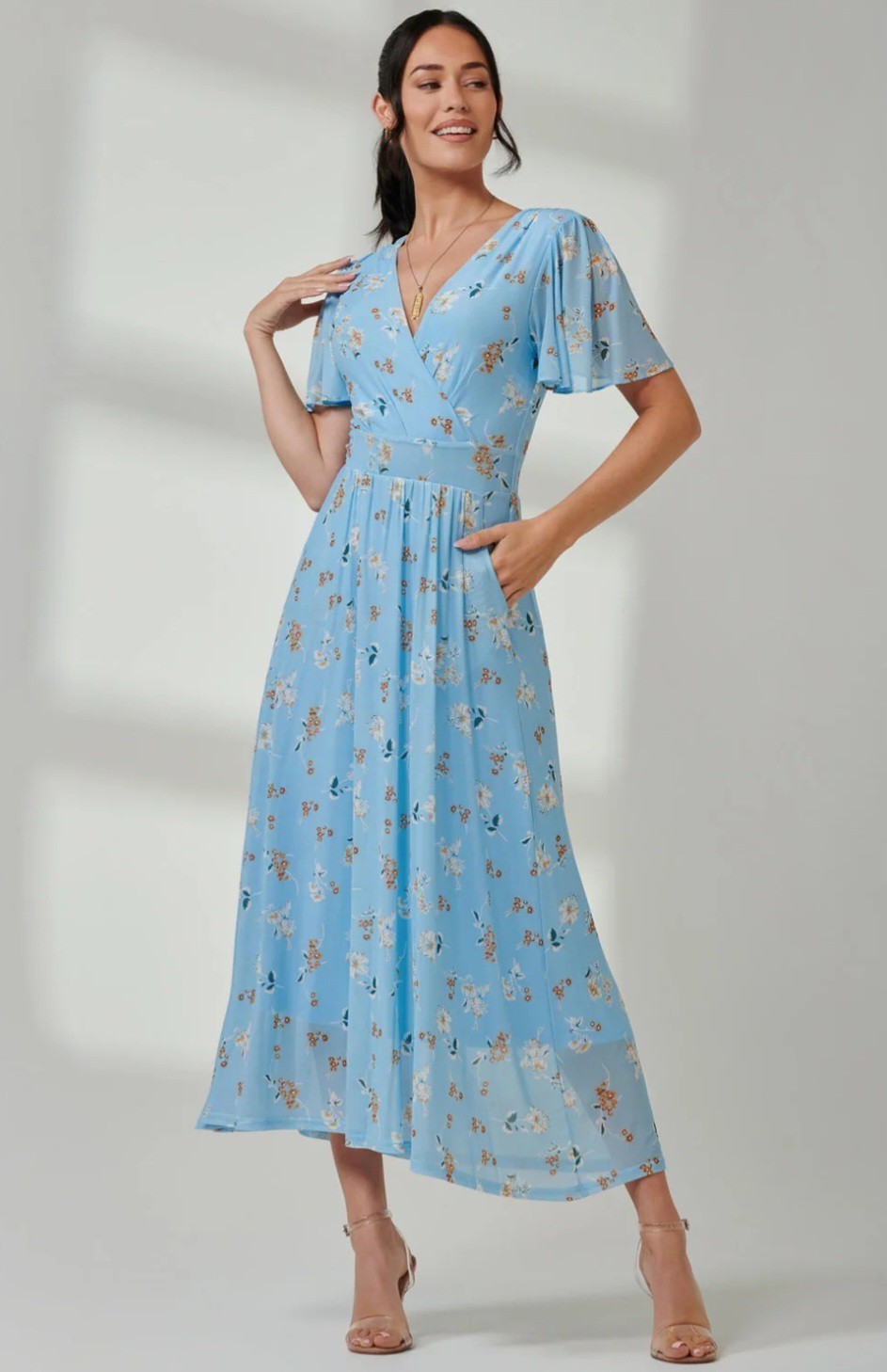 Jolie Moi Gracelyn Wrap Front Mesh Maxi Blue Floral Dress Size 14