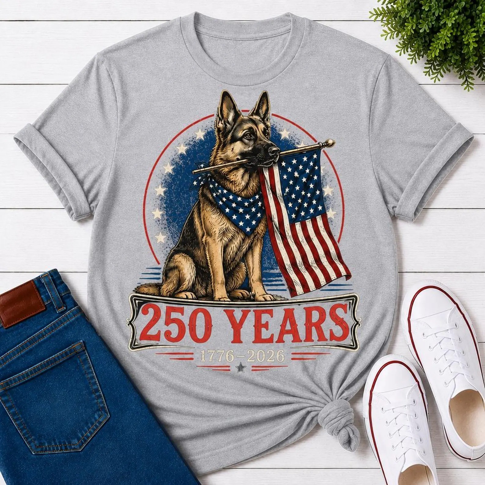 German Shepherd Patriotic 250 Years 1776-2026 USA Flag Dog Lover T-Shirt