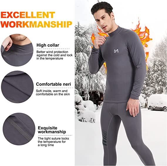 Mens Fleece Lined Thermal Long Johns Top Bottom Underwear Set Winter Turtleneck