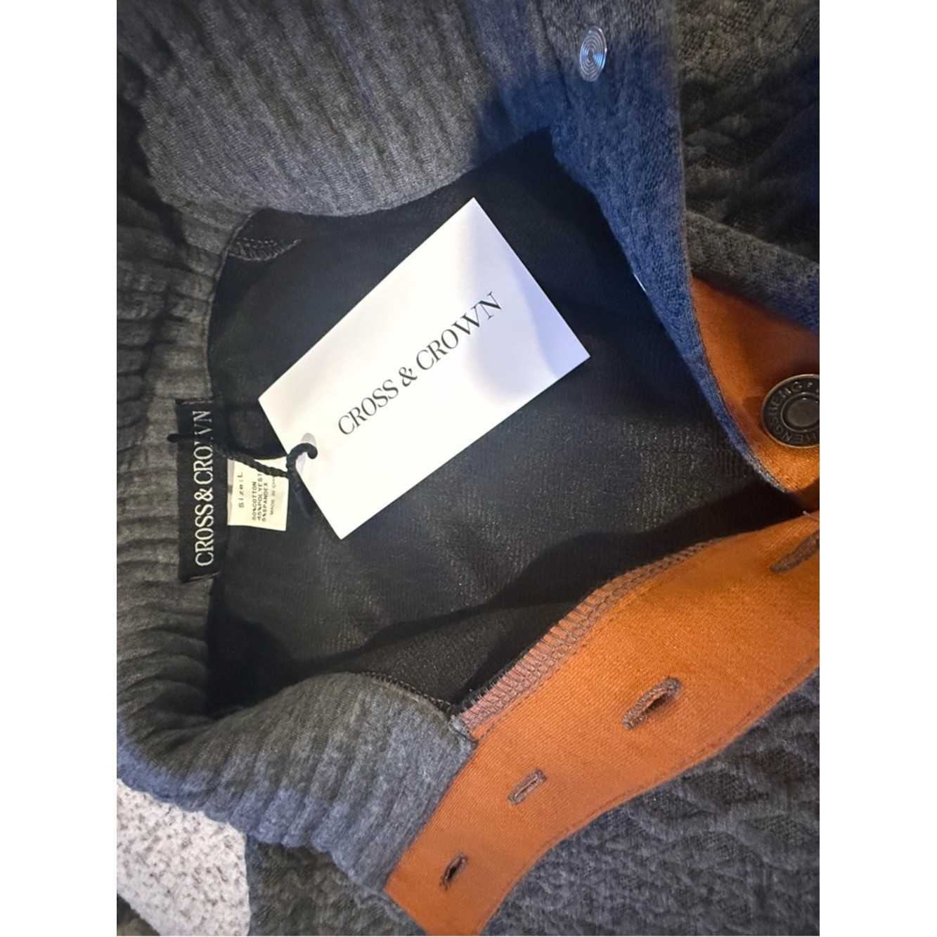 NWT Men’s Gray Quarter Button Pullover Sweater L Textured Knit Elbow Patch