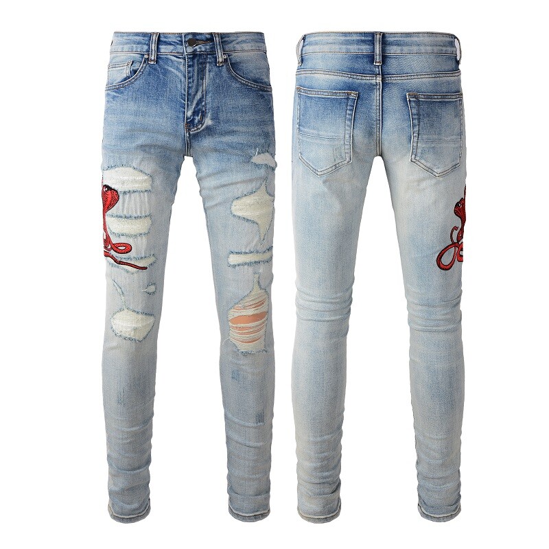 Men’s Skinny Jeans Snake Embroidery Stretch Denim Ripped Distressed Patches