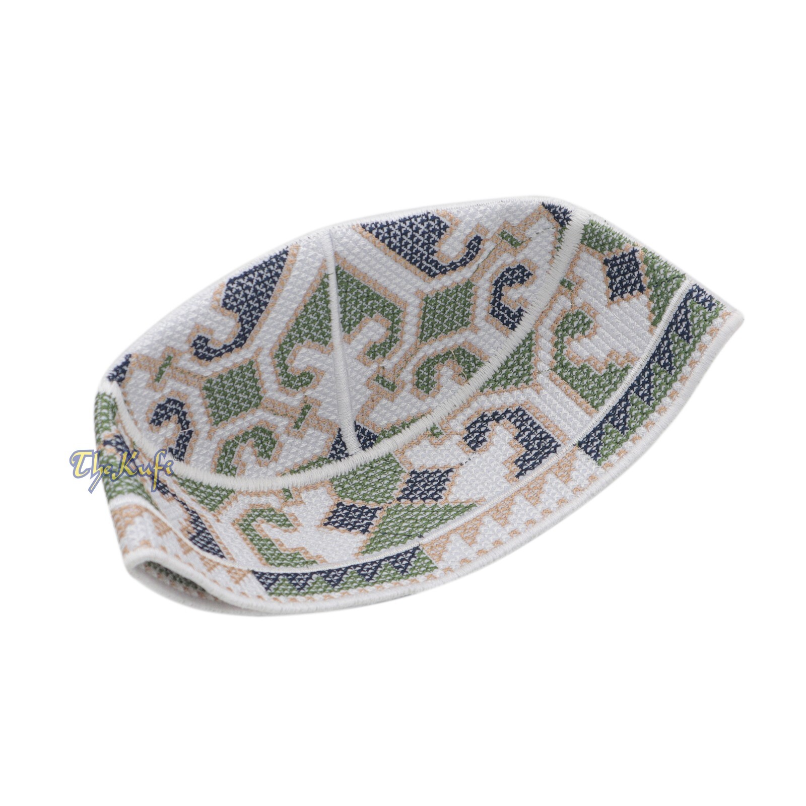 White Army Green Blue Embroidered Orchid Design SemiRigid Islamic Pakistan Kufis