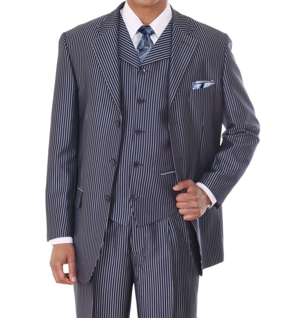 Men’s Three Button Pin-Striped Fashion Suit w/ Matching Vest 5802V5 Cream