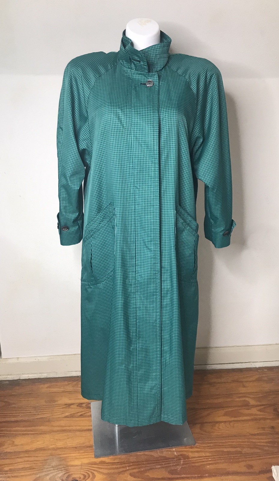London Fog Green Black Plaid Trench Rain Coat Size 12 Reg