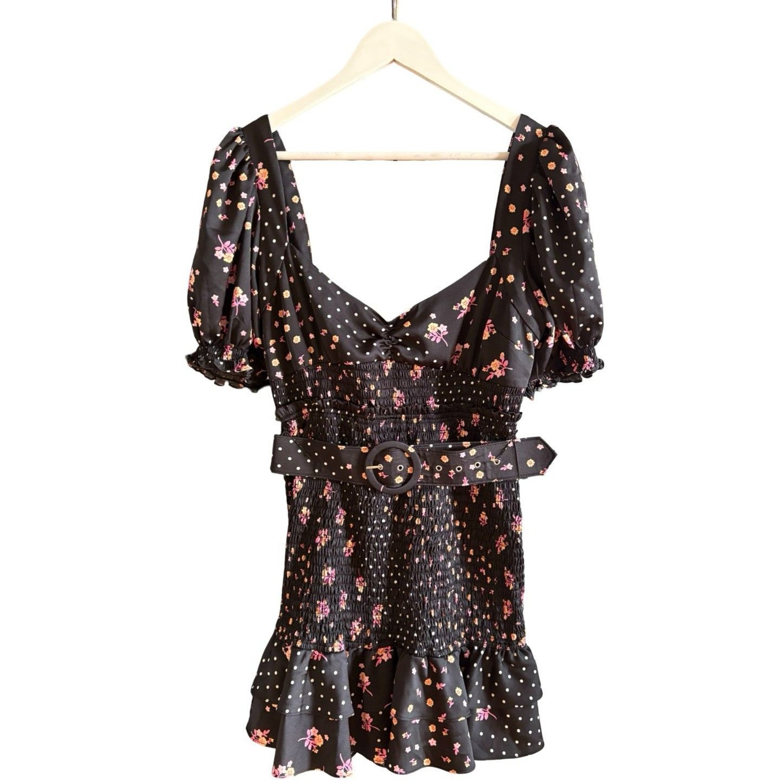 For Love and Lemons Camellia Smocked Belted Mini Dress Black Floral NWOT Sz L