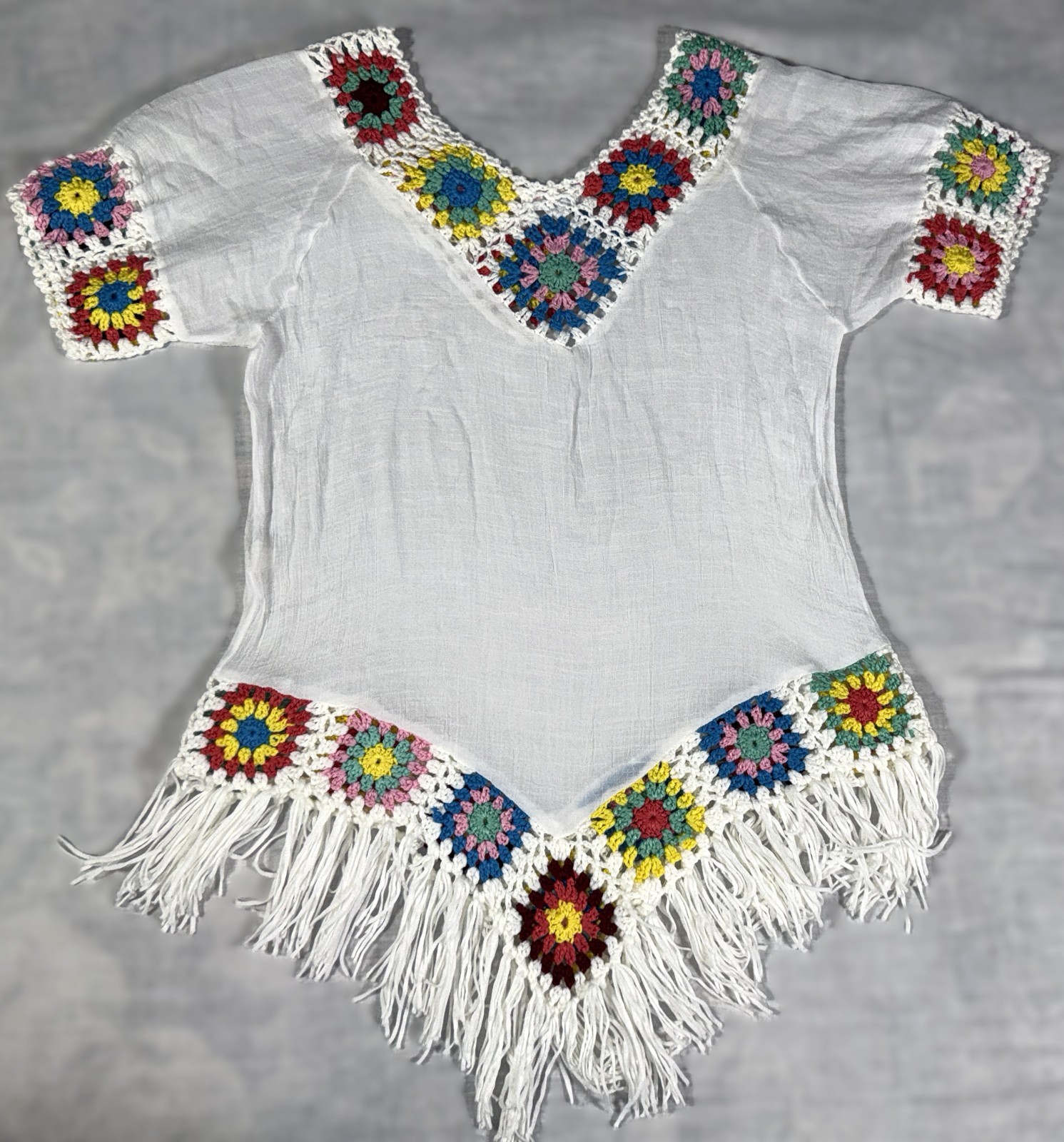 India Boutique Gauze Crochet Granny Square Boho Tunic Beach Cover-Up Top M/L 1SZ