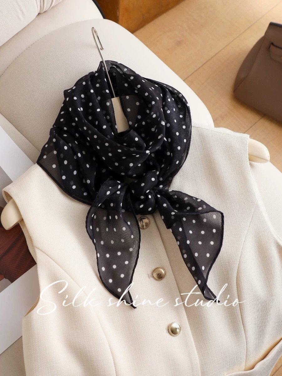 Chic Black & White Polka Dot 100% Silk Scarf -Lightweight 63″x12″ Oblong Summer