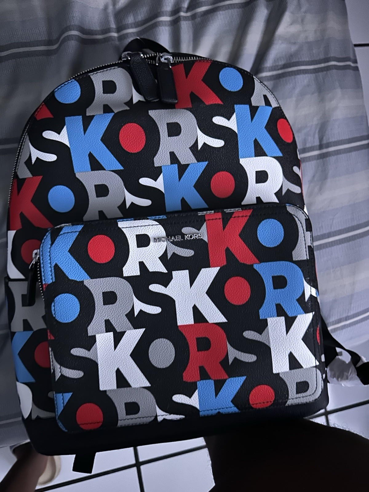 Michael Kors Cooper Signature PVC Graphic Logo Commuter Backpack Red Blue Multi