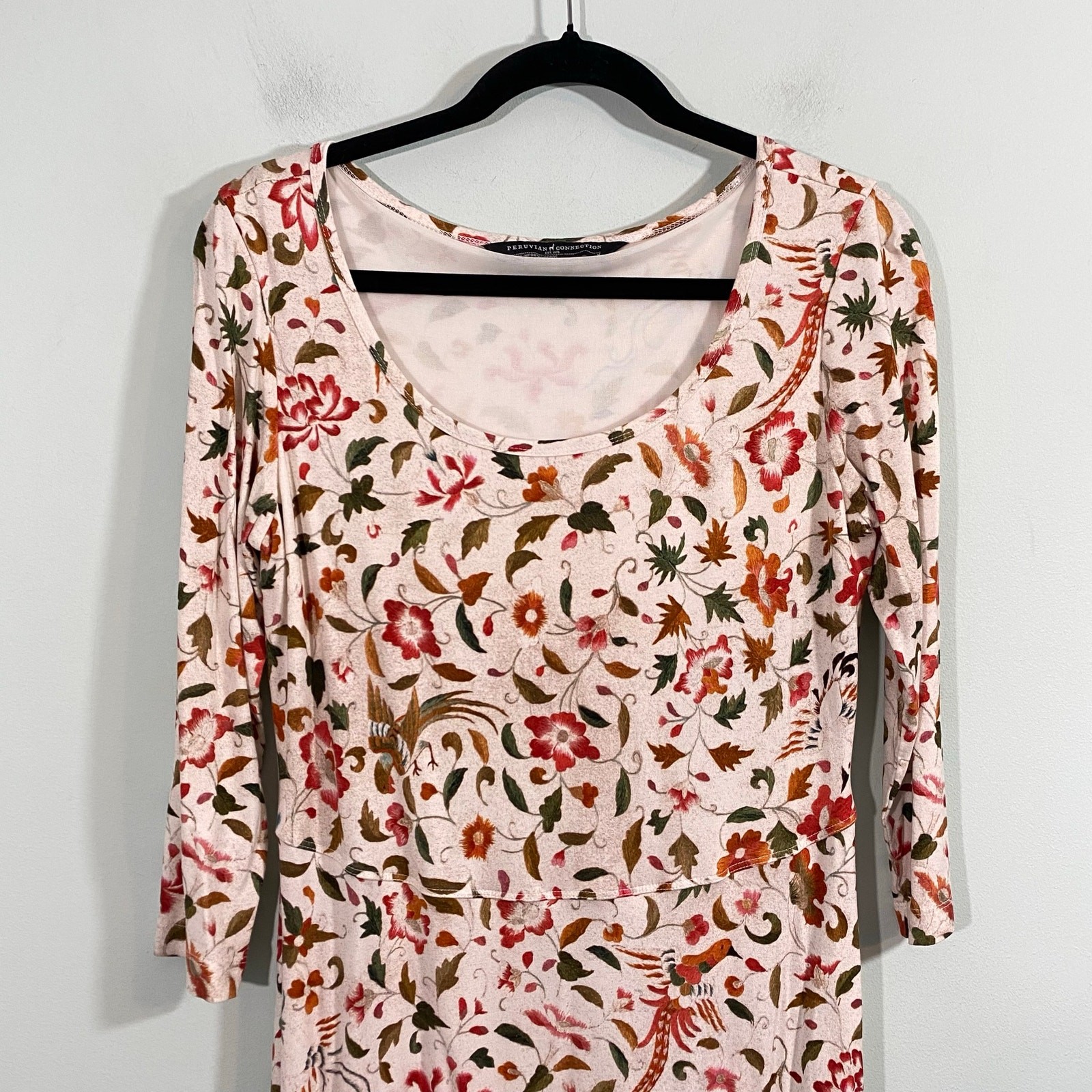 Peruvian Collection Women Bird Flower Quarter Sleeve Cotton Dress Size M