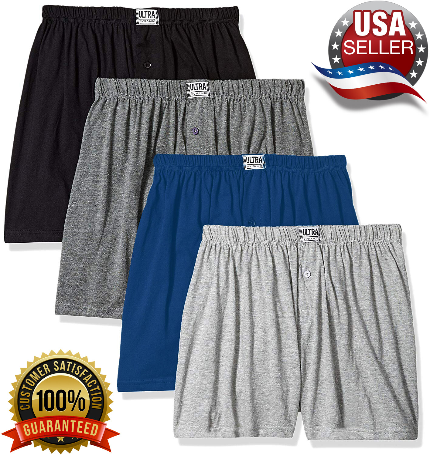 ULTRA Mens Knit Boxer Shorts 100% Cotton Assorted Solid Color Underwear – 4 Pack