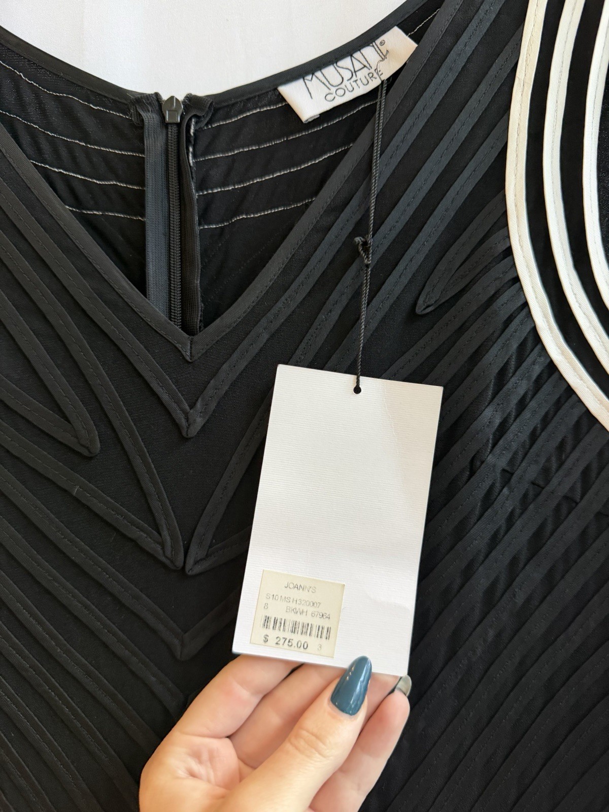 Musani Couture Black/White Striped Pleated V-Neck Sheath Dress, Size 8