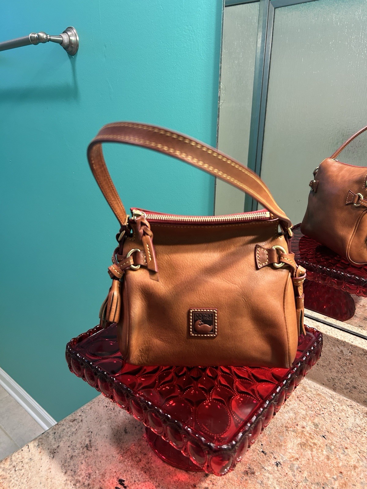 Dooney & Bourke Small Brown Satchel Top Handle Zip Tassel Strap Gold Red
