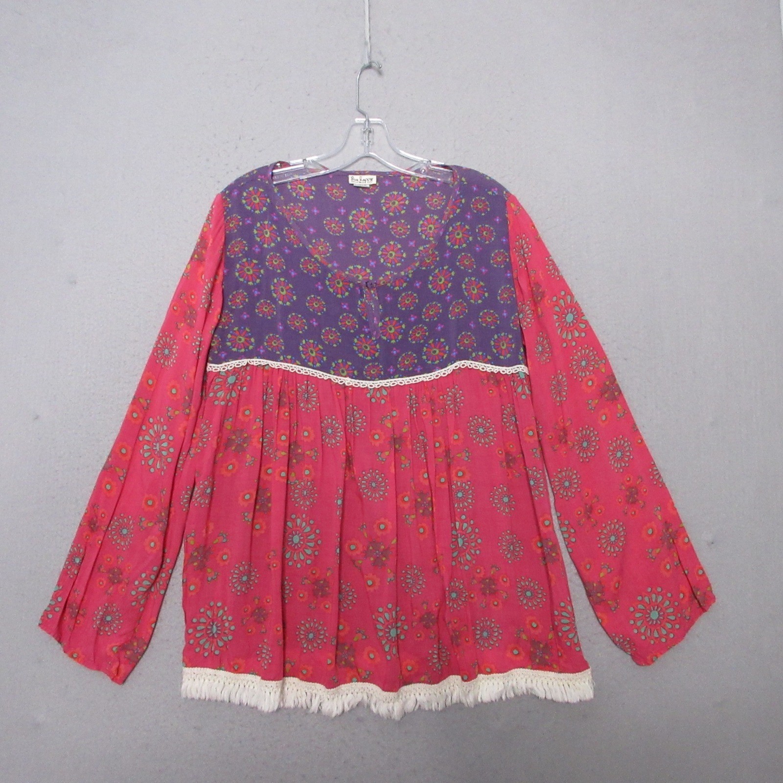 Natural Life Live Happy Top Boho Floral Fringe Colorblock Peasant Cottage Core
