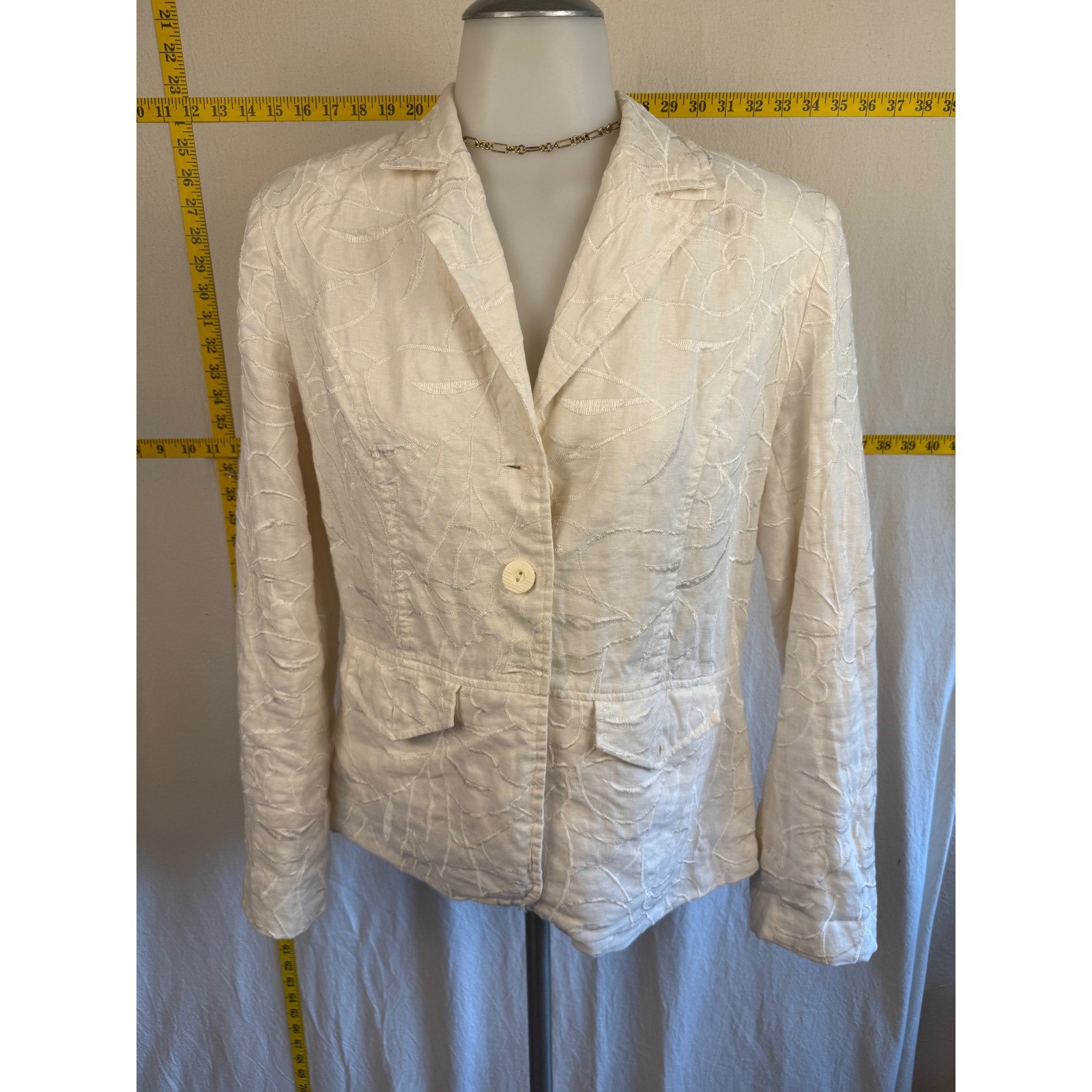 Sara Isabella Embroidered Women’s Medium White 100% Linen Blazer Preppy Coastal