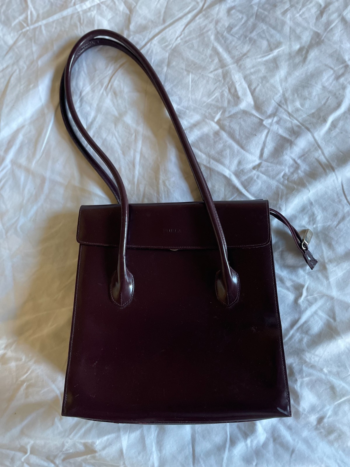 Furla Eggplant Leather Straps Shoulder Bag Two Outside Pockets 11″H x 10″W x 4″D