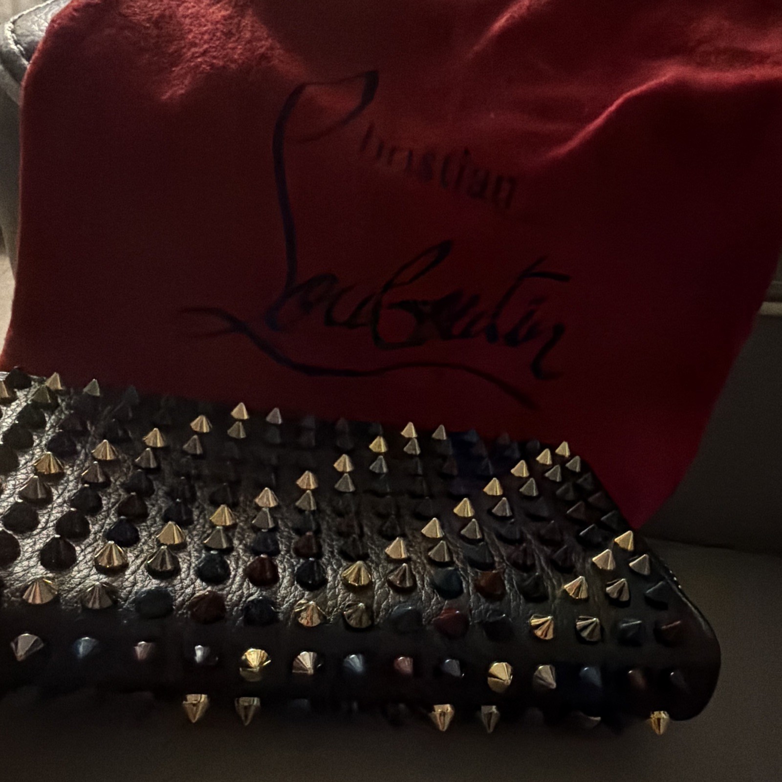 Christian Louboutin Studded Zip-Around Wallet Black/Red Logo Credit Card
