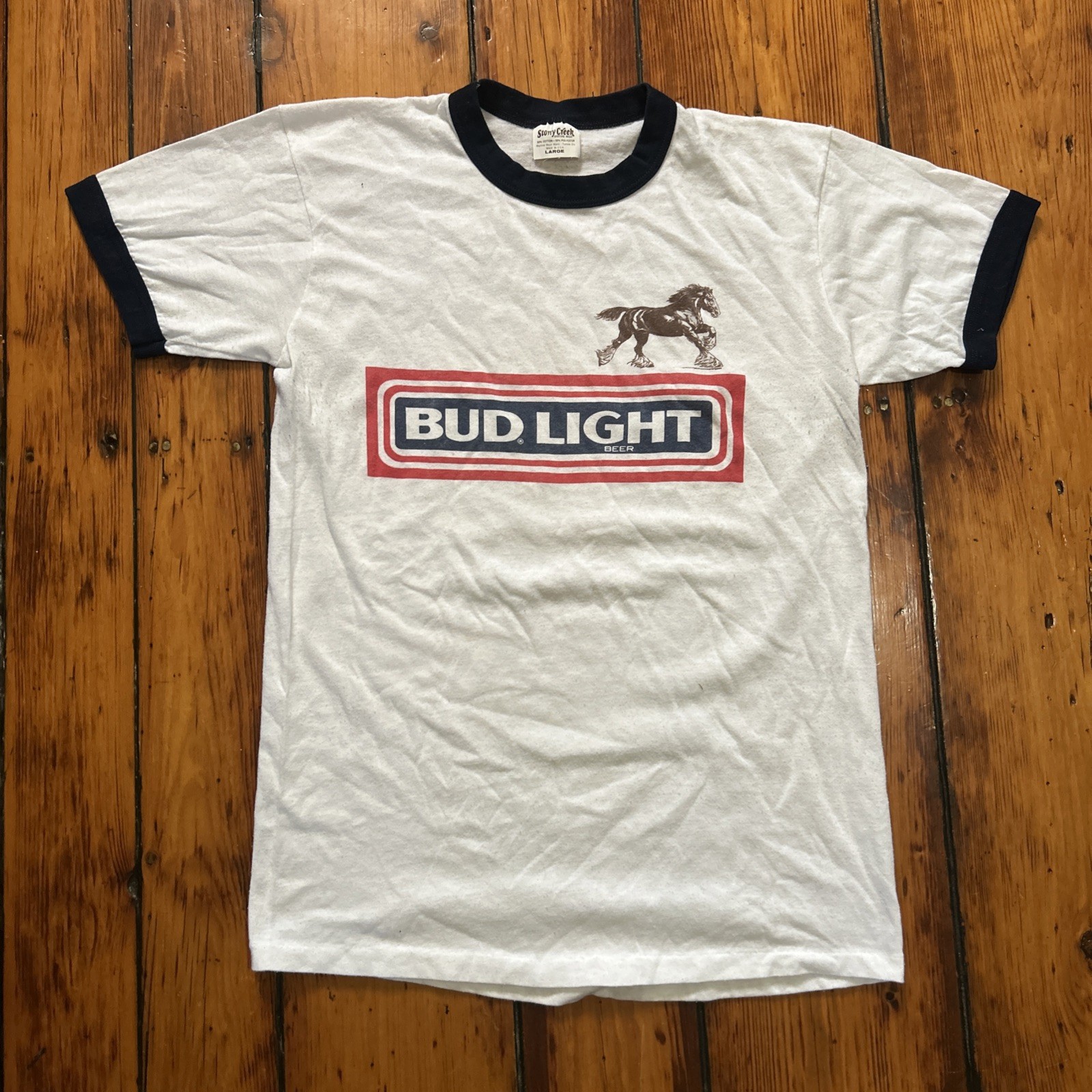 Budweiser Bud Light Clydesdale Vintage Ringer Shirt 80s Size Large USA