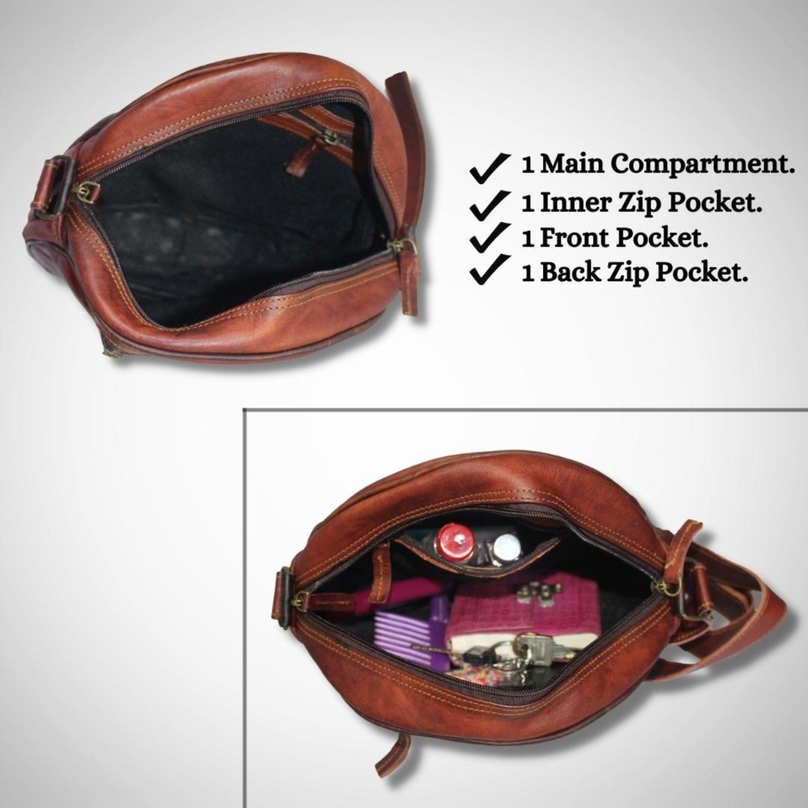 Madosh Womens Genuine Leather Half Circle Round Crossbody Shoulder Hobo Handbag