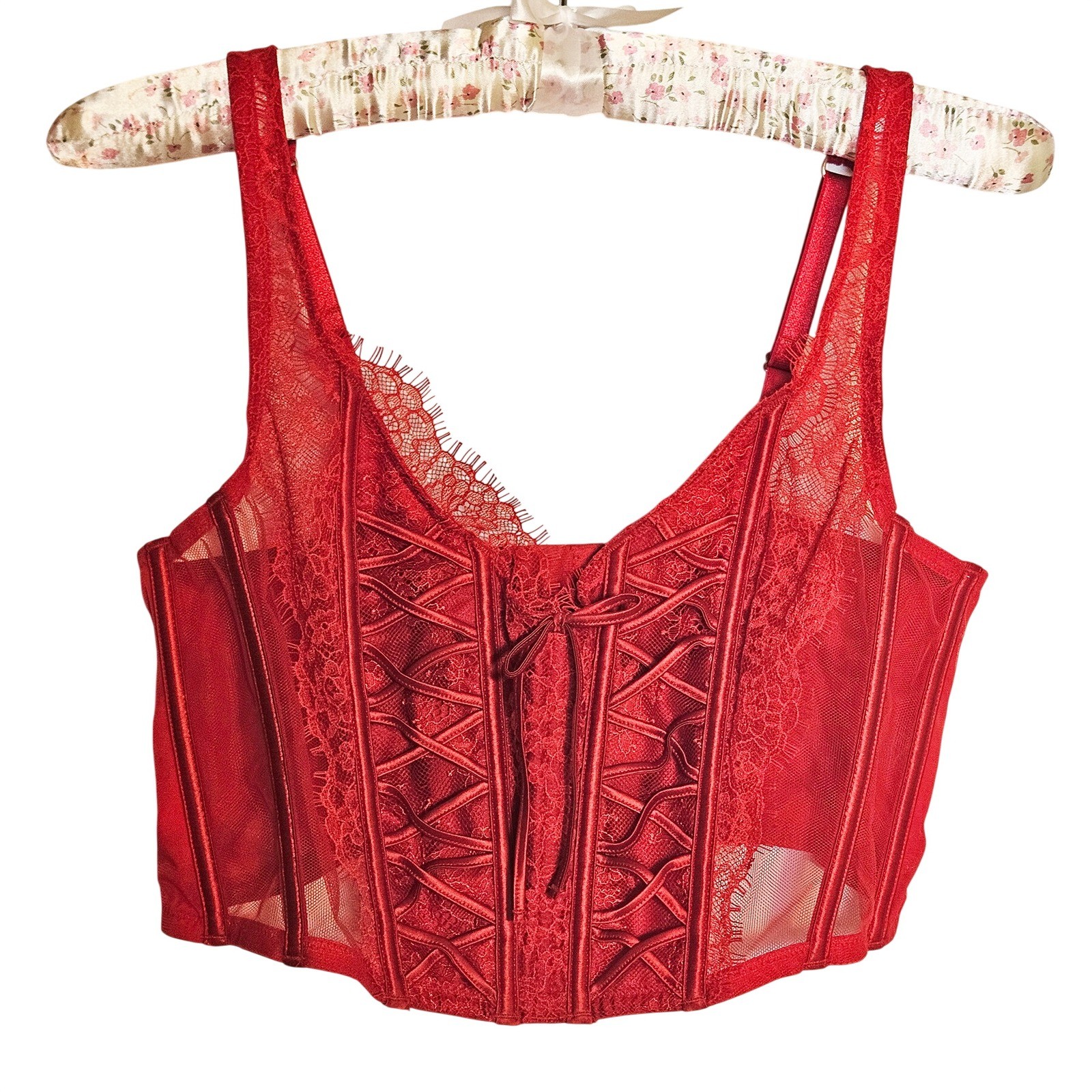 Victoria’s Secret Dream Angels Red Lace Corset Top L Lace Up Mesh Bustier