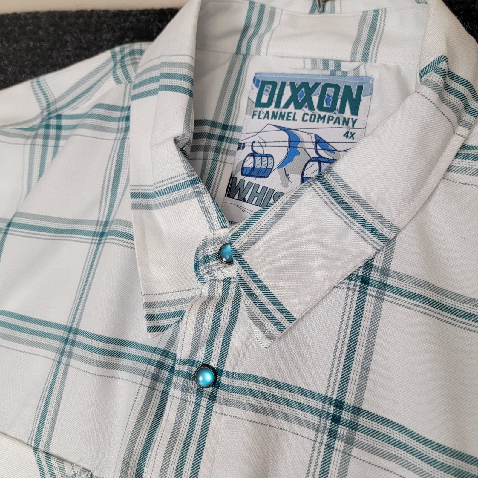 Dixxon Flannel Co “Whistler” Button Up Shirt 4X NWT White Teal Plaid D-Tech