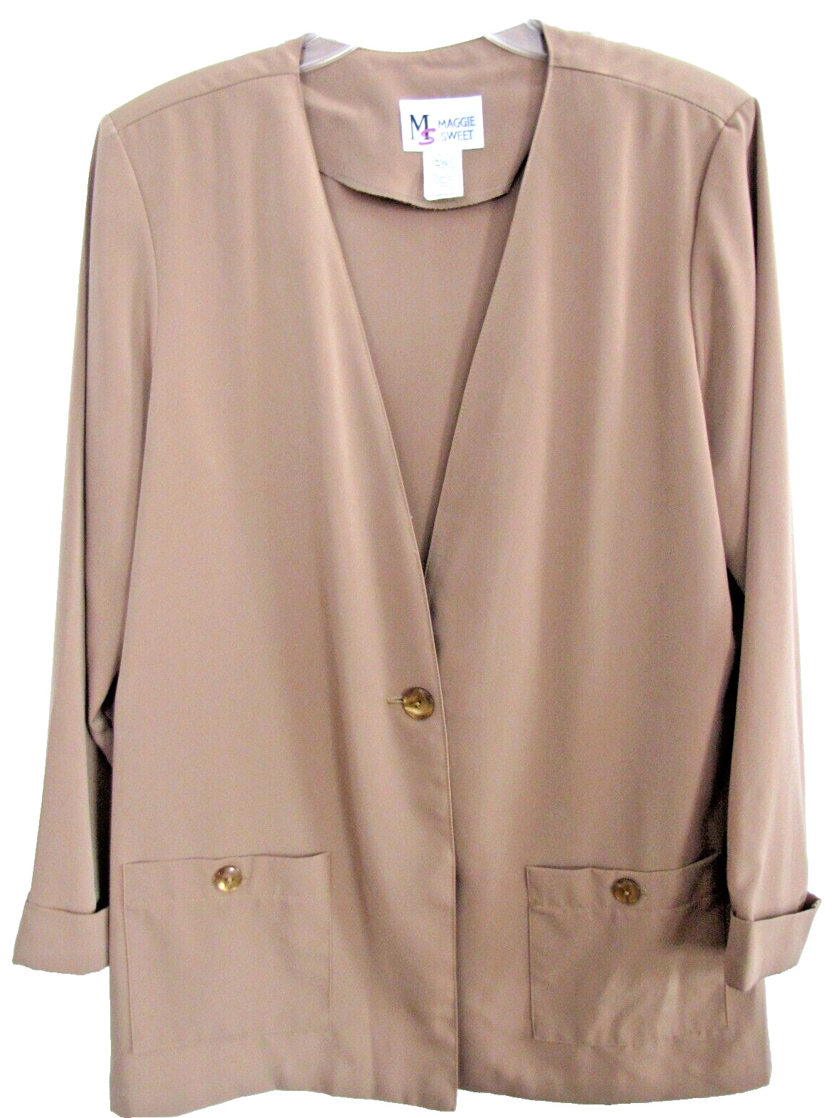 NEW Maggie Summer Blazer Beige Faux Silk 2 Pockets, M (42″ Bust, 31″ Long)