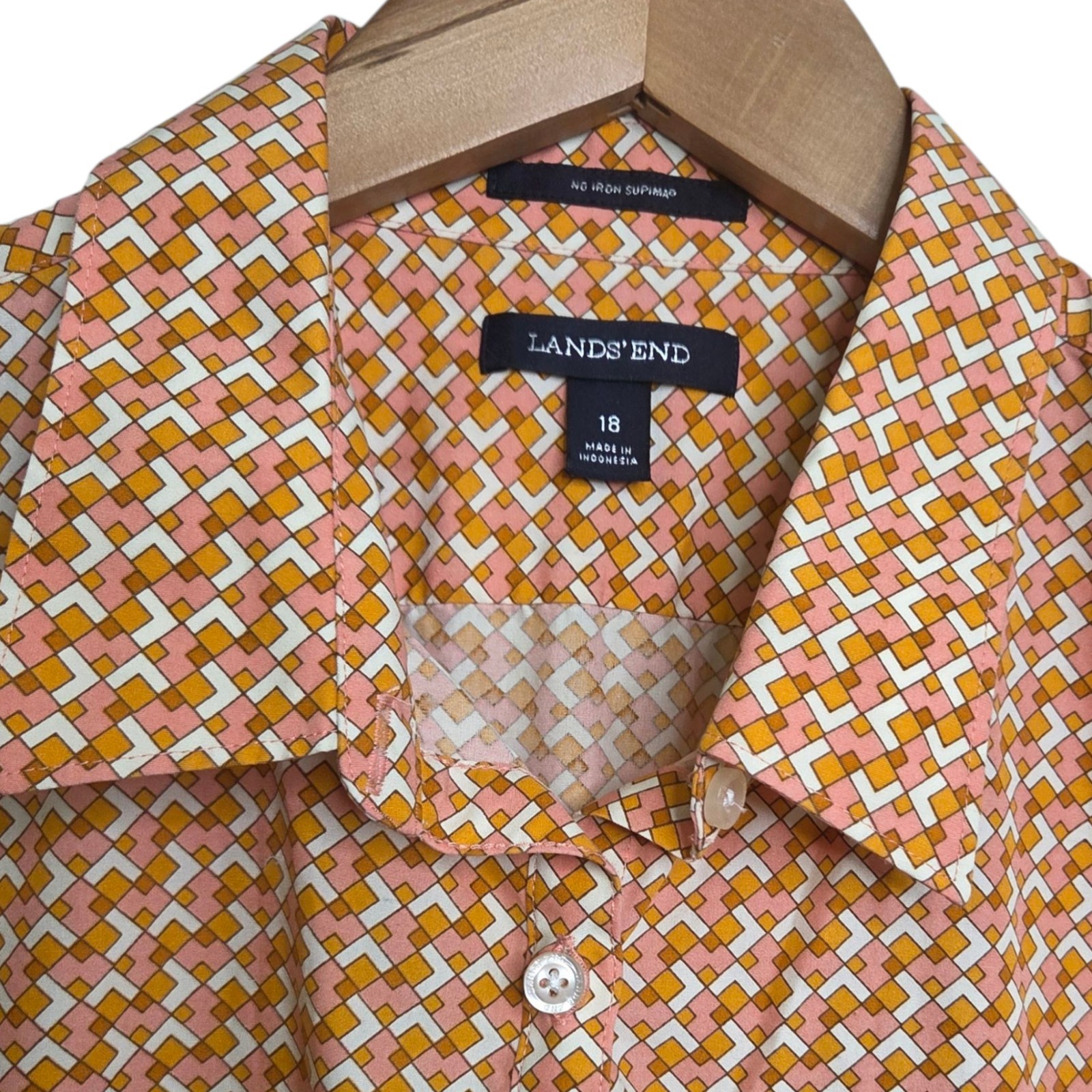 Lands’ End Long Sleeve Peach Orange Geometric Button Up Blouse SZ 18 Office