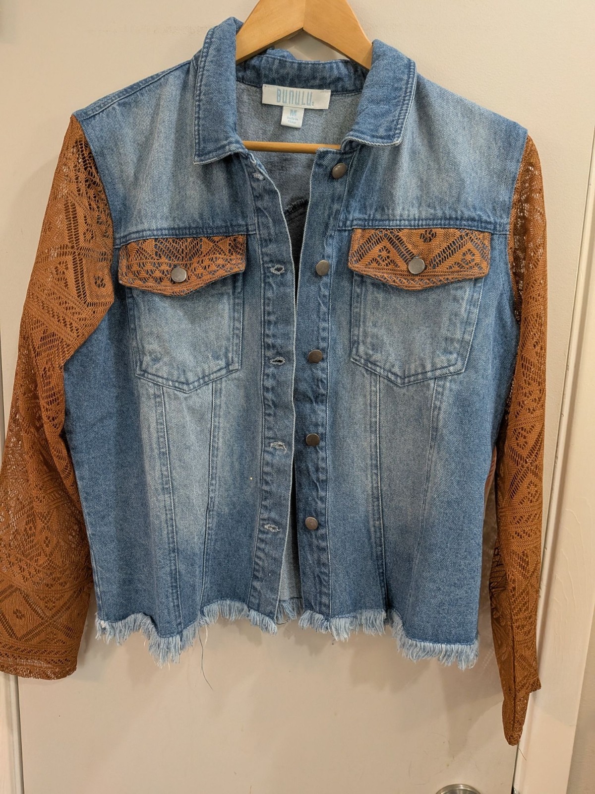 Bunulu Distress Denim Jacket Like Shirt Lace Sleeves Frayed Hem Sz. M New w/Tags