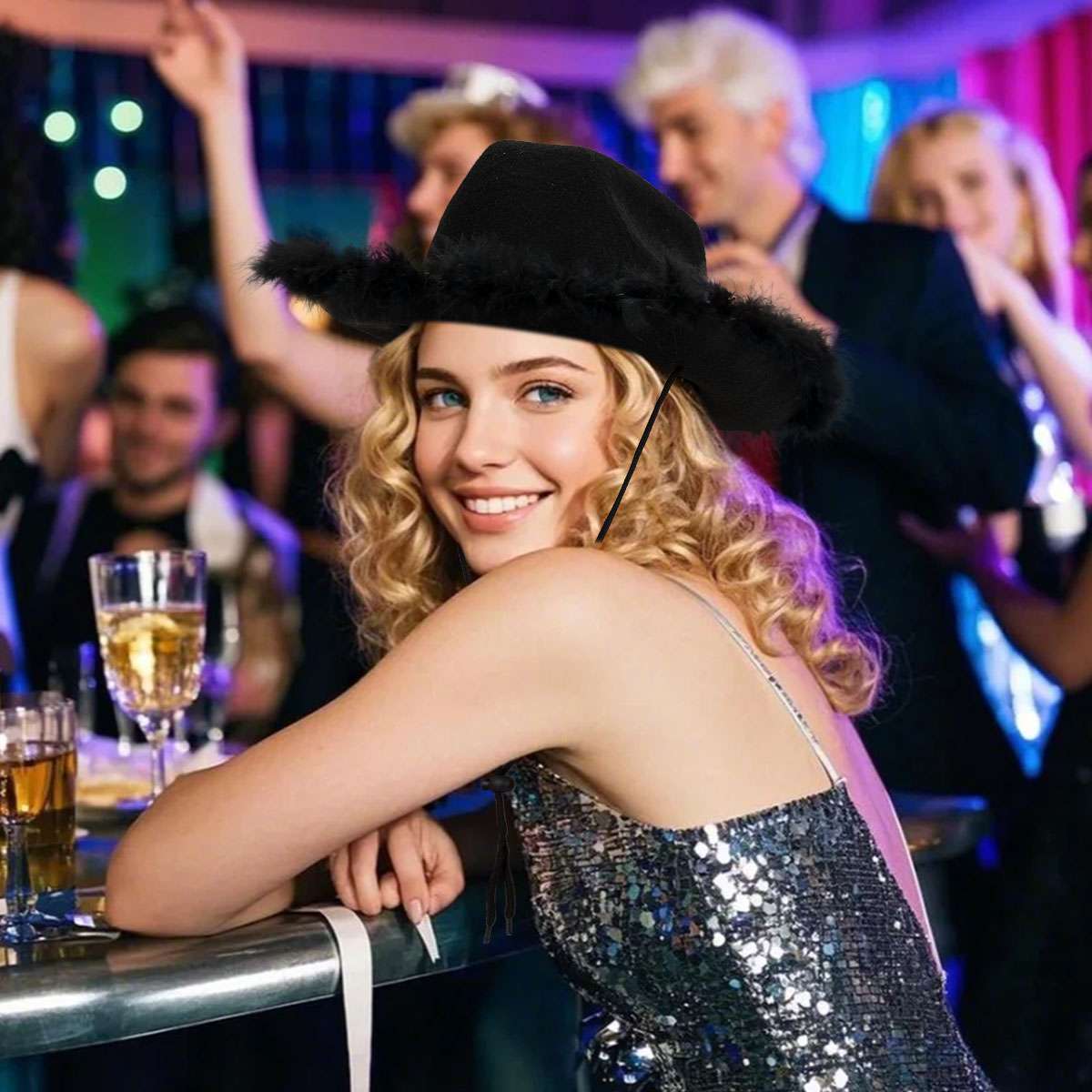 Cowgirl Hat with Fluffy Feather Novelty Cowboy Party Costume Role Play Cap Solid