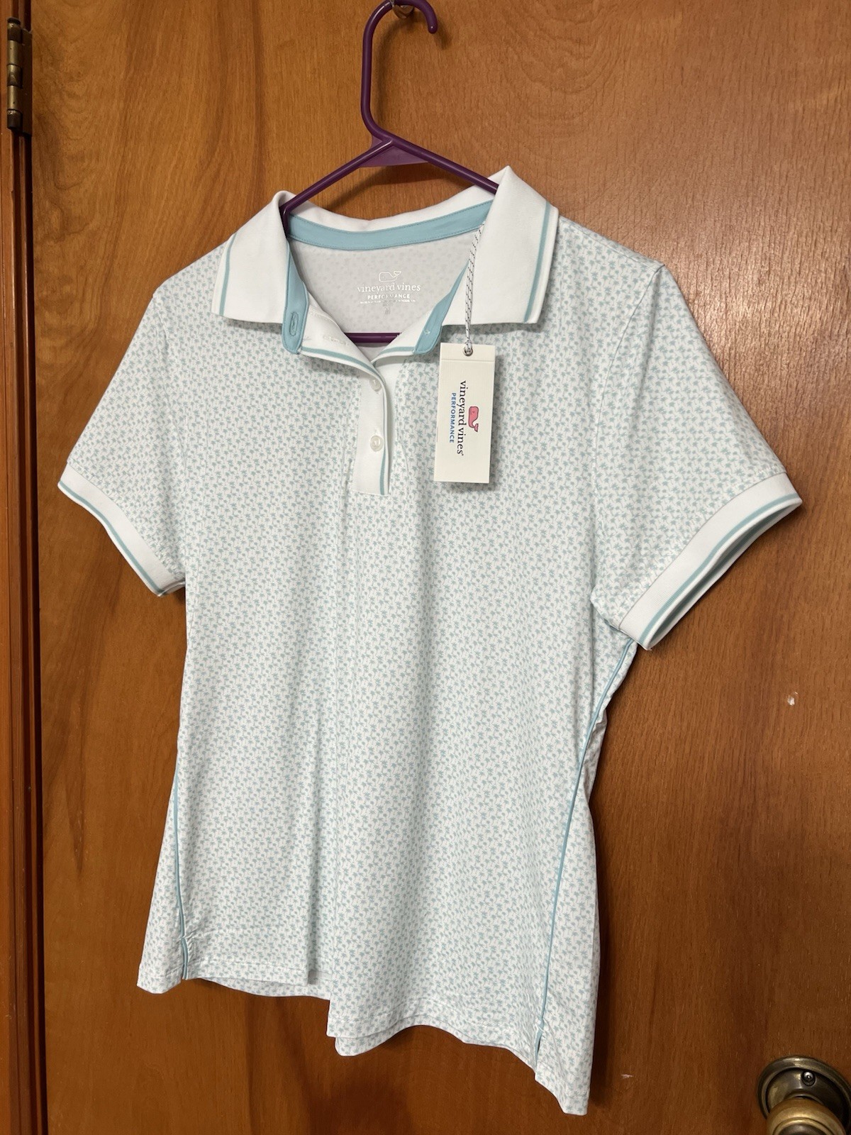 NWT Vineyard Vines Women Performance Polo In Palm Trees White Cap, M, MSRP $85