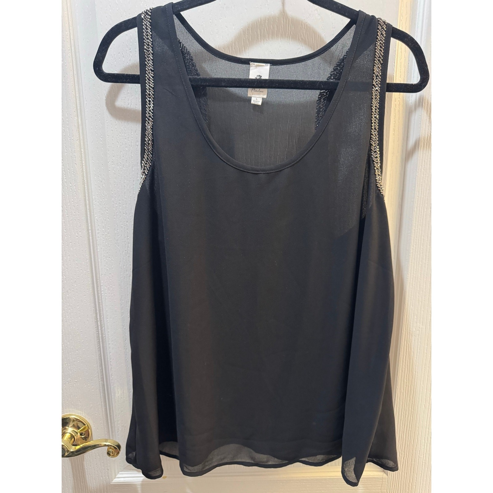 Flawless Black Embellished Shoulder Tank Top Sheer Overlay Size L