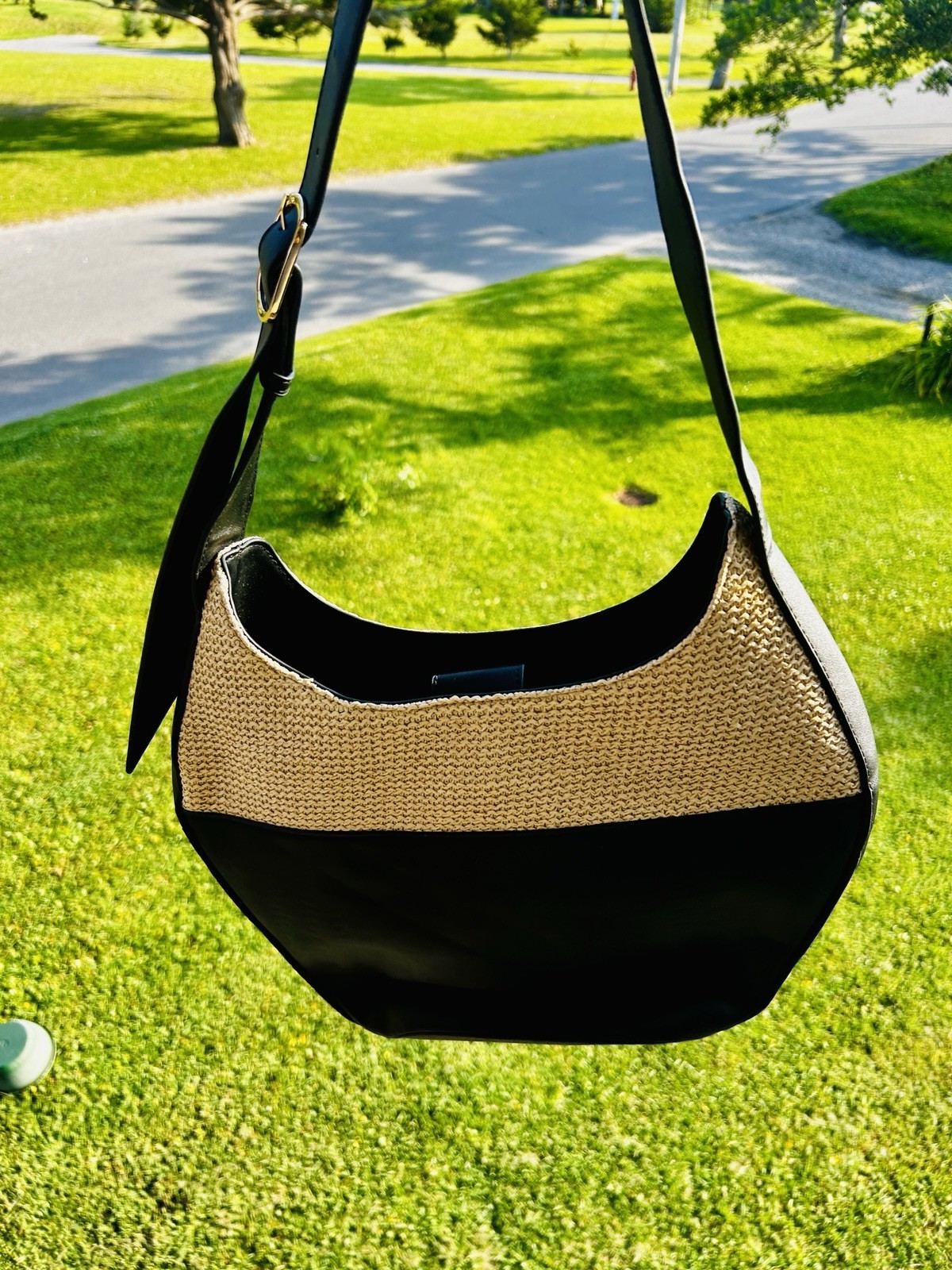 Anthropologie Black/Beige Woven Crescent Shoulder Bag Buckle Magnetic Pockets
