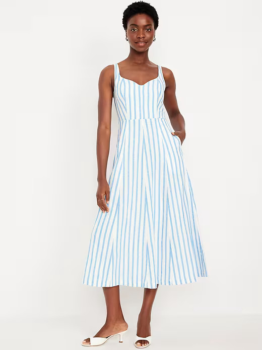 Old Navy Women’s Fit & Flare Linen Blend Midi Dress Stripes sz L, XL Petite NEW