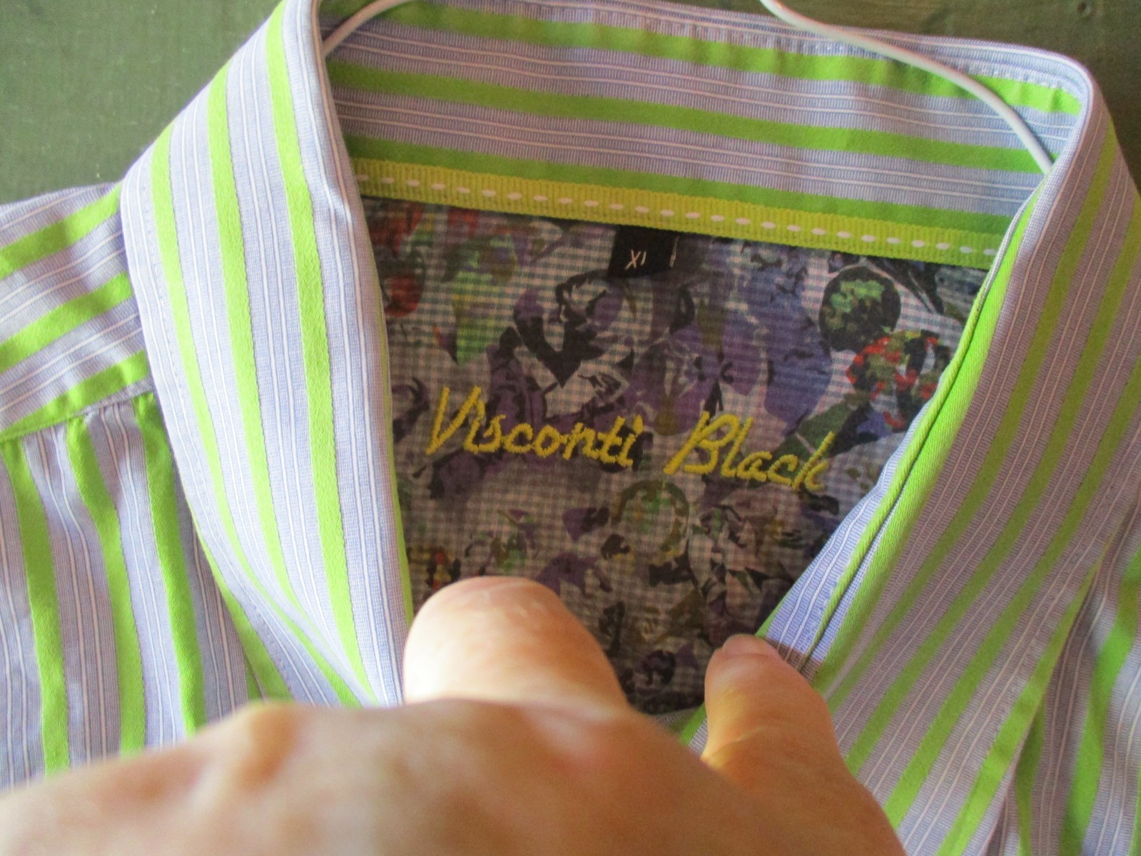 Visconti Black Neon Green, White & Blue Striped Long Sleeved Dress Shirt Sz. XL