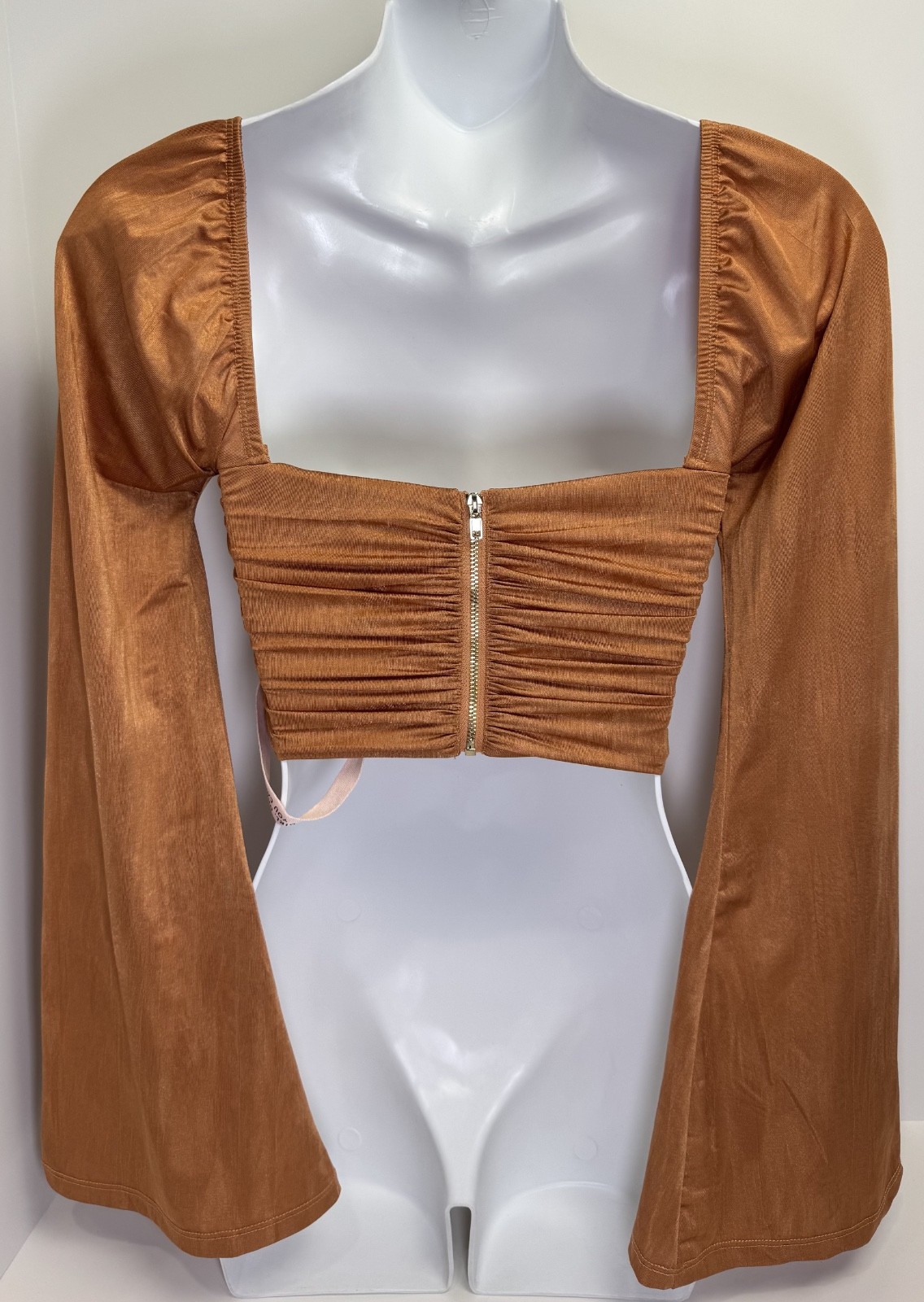 Oh Polly Wrap Me Up Flared Sleeve Crop Top Copper Caramel NWT US 2