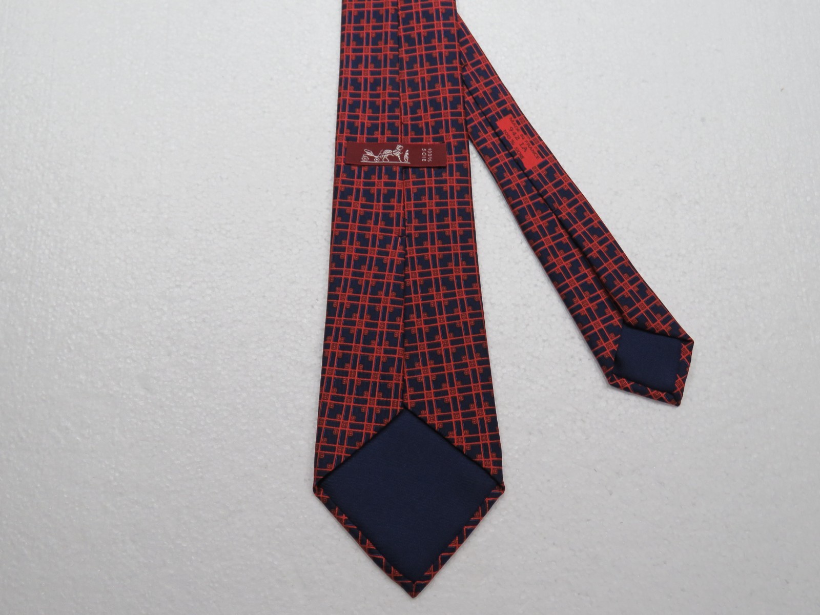 HERMES Paris Tie Black & Red Geo Check Pattern 100% Silk Hand Made 3.25″x 58″