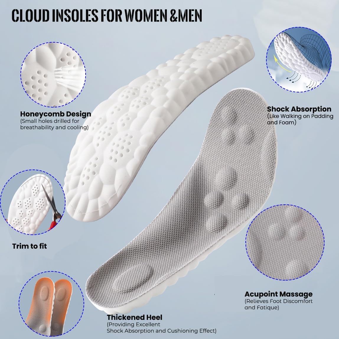 Memory Foam Cloud Insoles Shoe Inserts Shock Absorption Comfort Size Up To 10