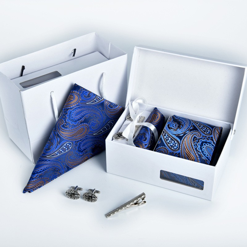 8CM 4 set of Tie, pocket square, collar clip, cufflinks stylish with gift box