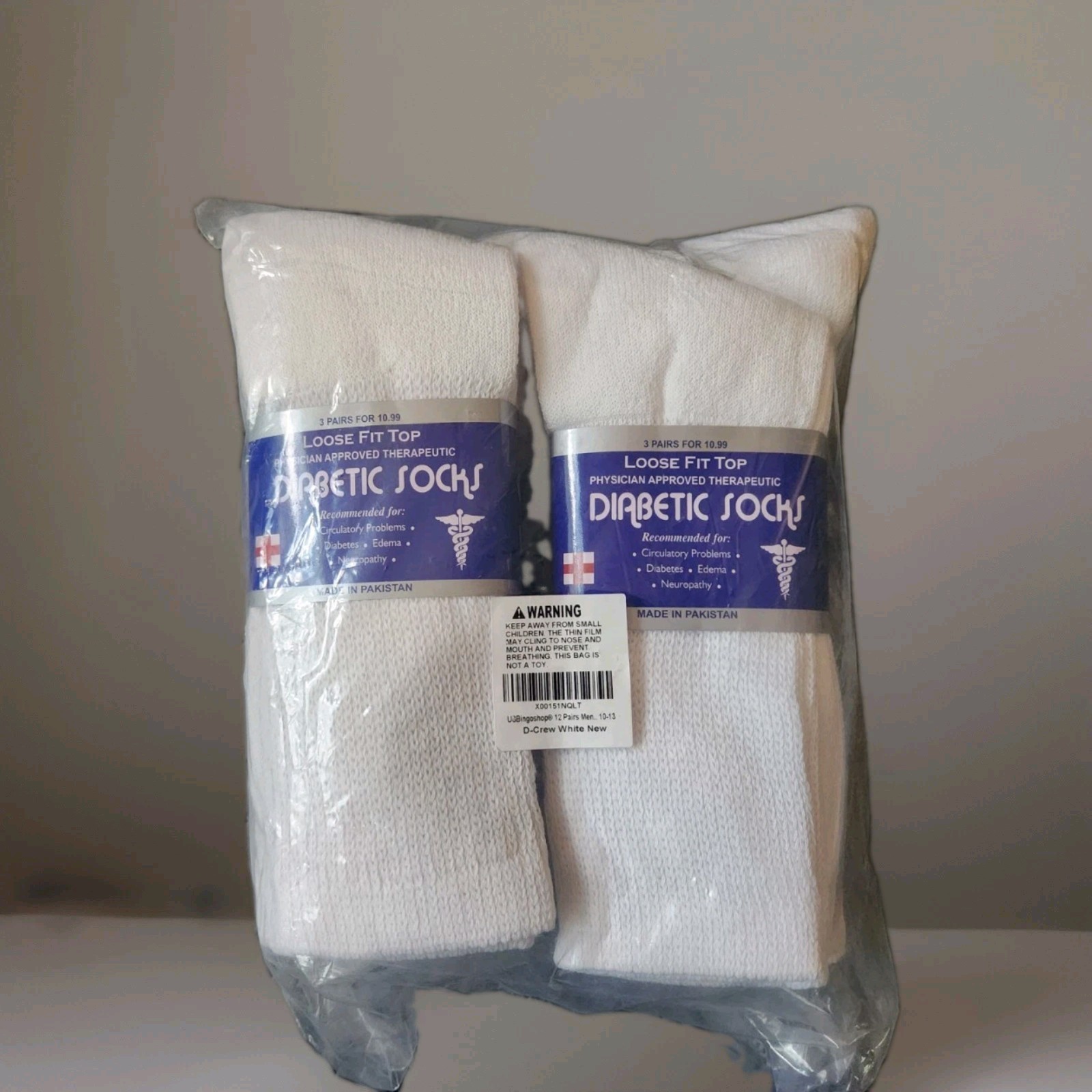 12 Pairs Men’s 10-13 Diabetic Crew Socks White Loose Fit Therapeutic…