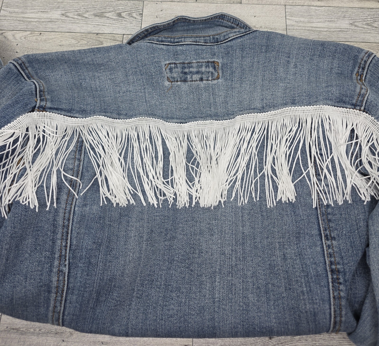 Distressed Fringe Denim Jacket L Y2K Boho Western Statement Cowgirl Vibes Rodeo