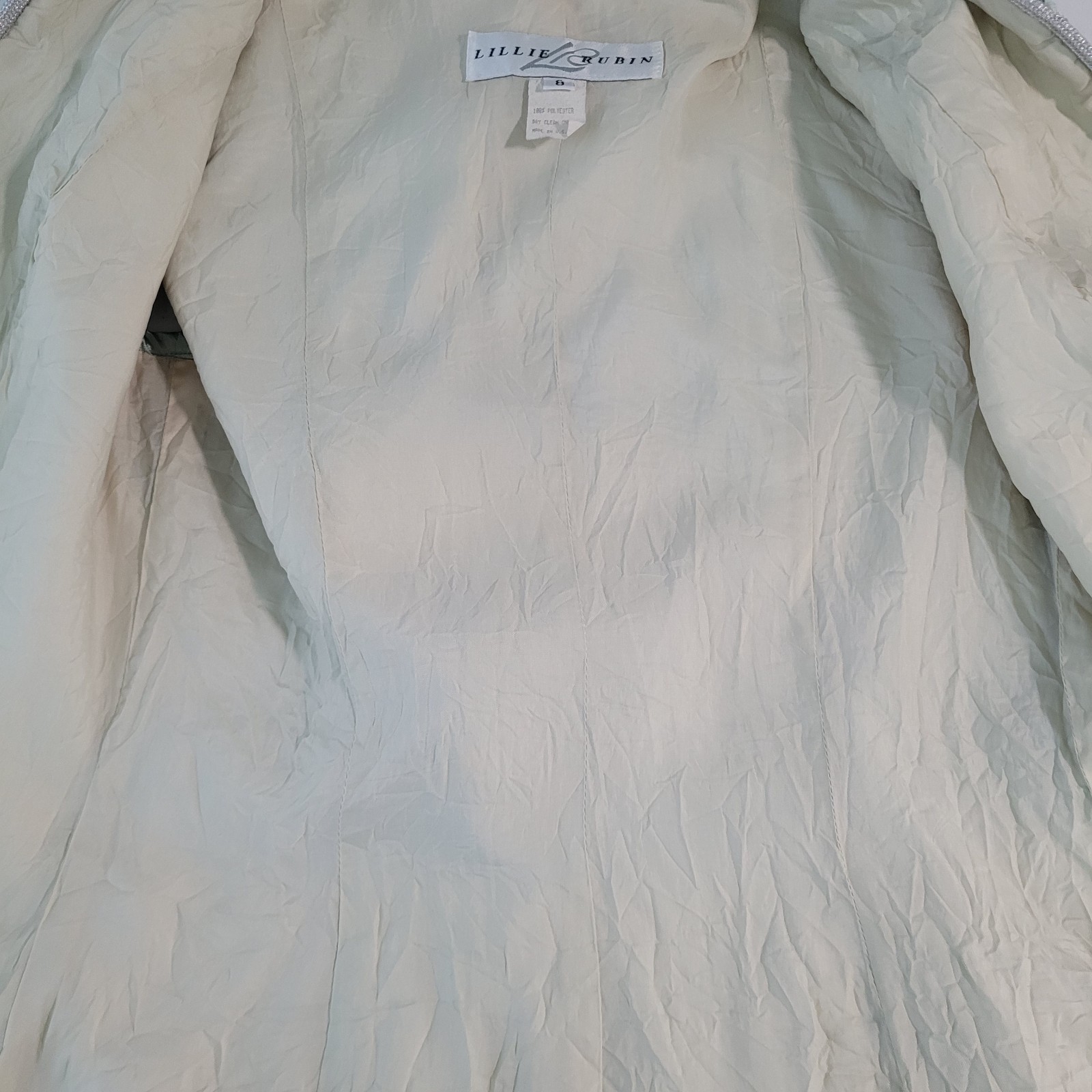 VTG Lillie Rubin Green Satin Silver Shimmer Trim Pleated Vest USA Made Size 8